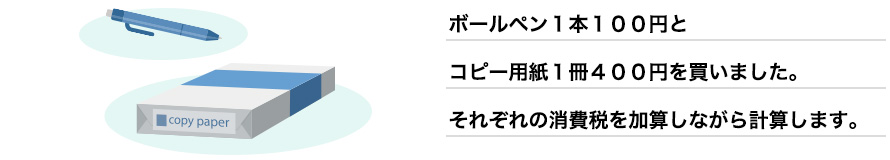 ボールペン1本100円とコピー用紙1冊400円を買いました。それぞれの消費税を加算しながら計算します。