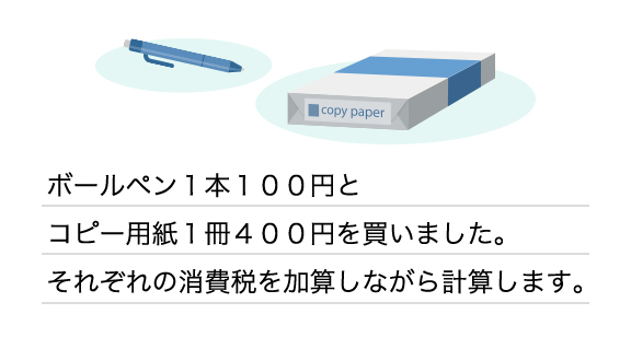 ボールペン1本100円とコピー用紙1冊400円を買いました。それぞれの消費税を加算しながら計算します。